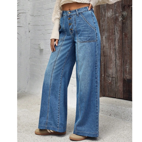 Medium Wash Blue Wide leg Button Fly Wide leg Denim Jeans - Picture 4 of 5